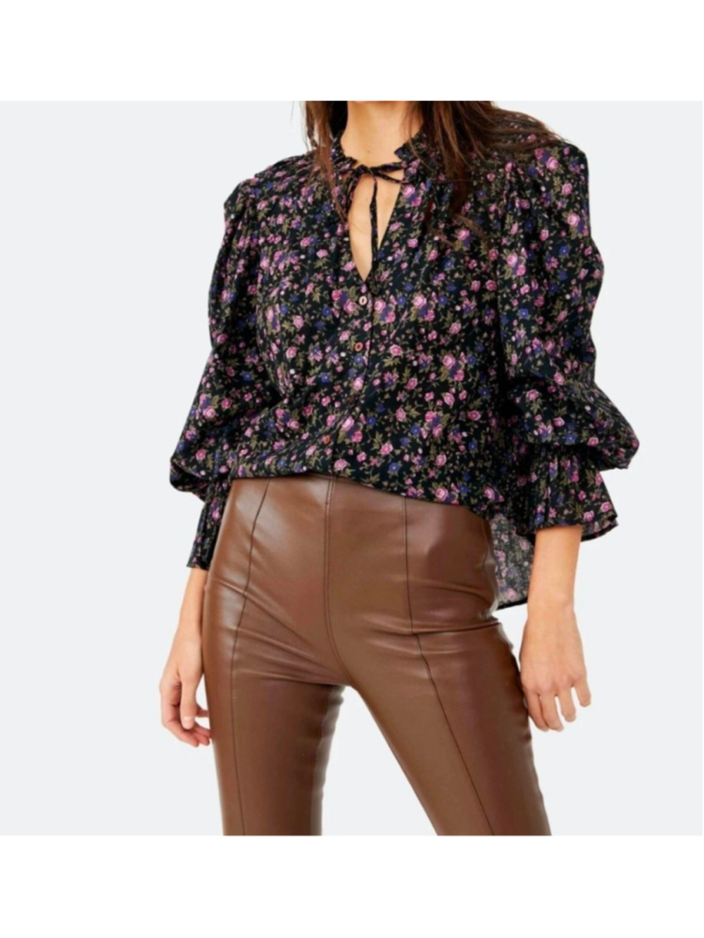 Free People Meant To Be Poet Sleeve Black Combo Floral Print Size L